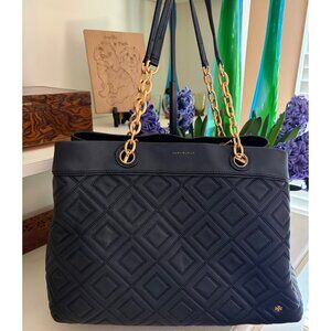 Tory Burch Fleming Quilted Leather Diamond Handbag Black Triple-Compartment Tote